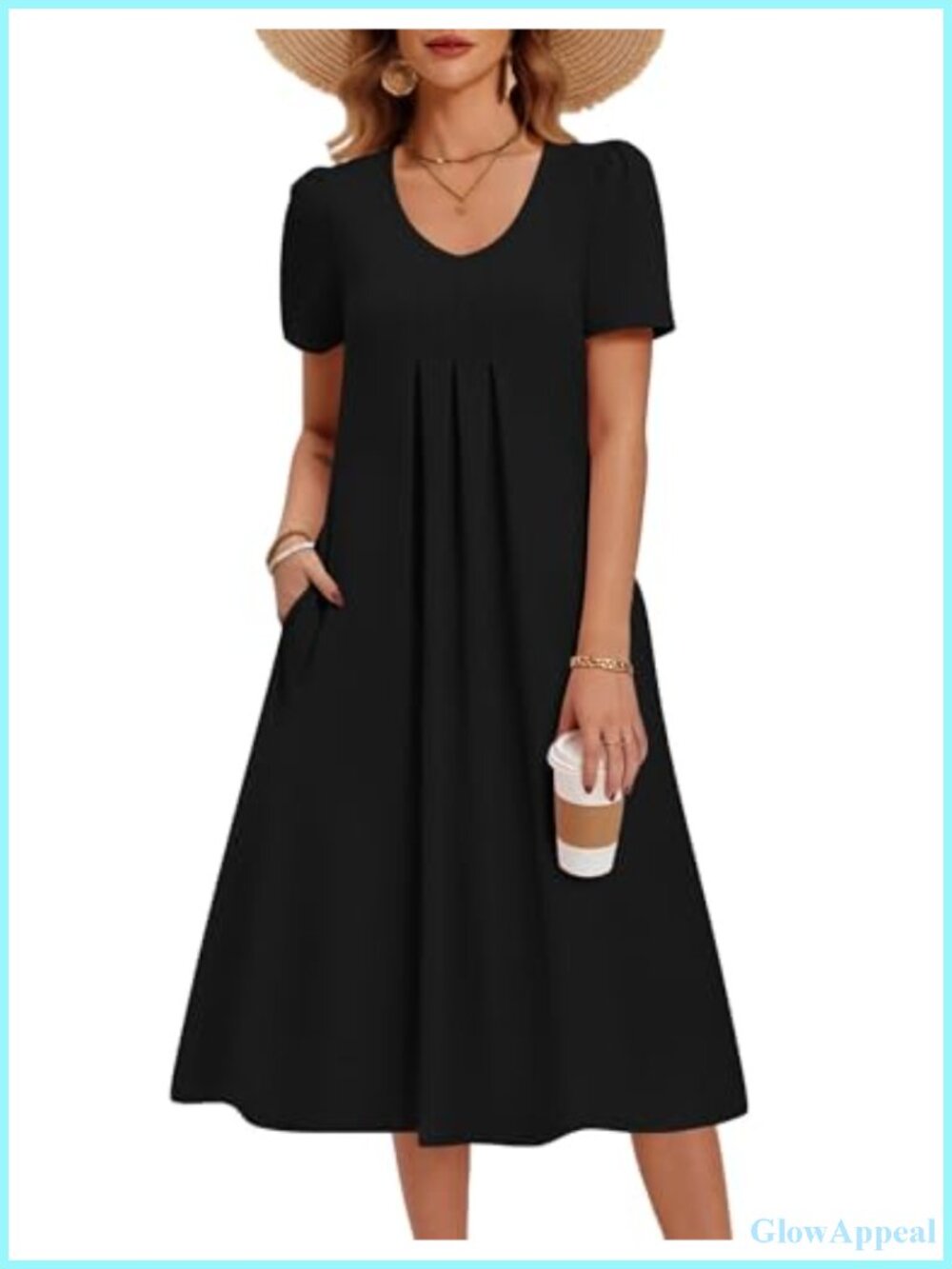 Floral Midi Sundress with Pockets, Short Sleeve V-Neck A-Line Casual Summer